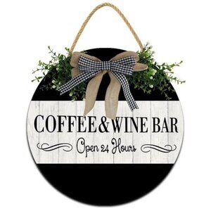 Round Wooden Coffee & Wine Bar Sign Country Cozy Theme Open 24 Hours Decor -NEW